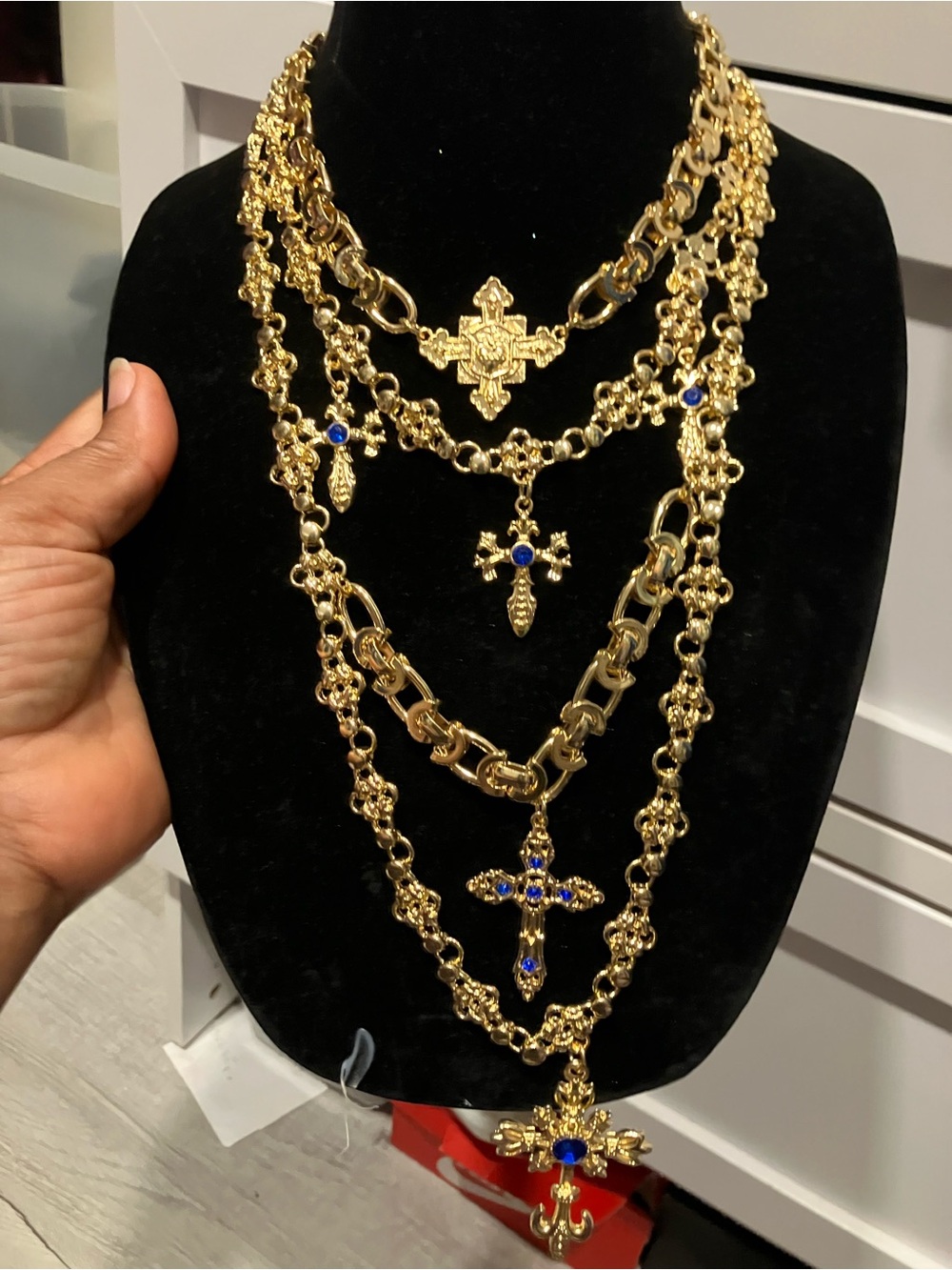 Gold-Tone Layered Cross Pendant Necklace with Blue Accents